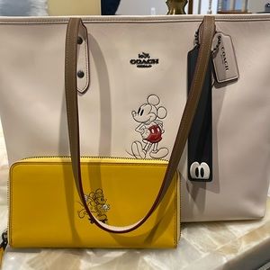 Coach Cream Mickey bag/purse with yellow wallet and black & white Mickey tag
